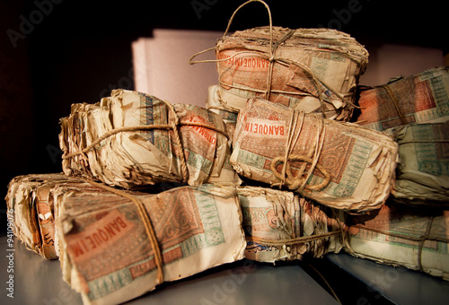 Bundles of vintage turkish banknotes in vault of an old bank
