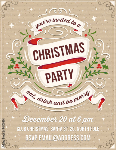 Hand Drawn Christmas Party Invitation with White Ribbons and Orn