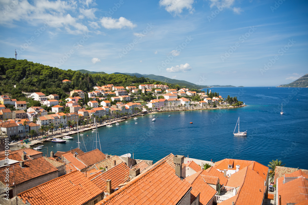 View from bell tower of Sveti Marko cathedral, Korcula Old Town,