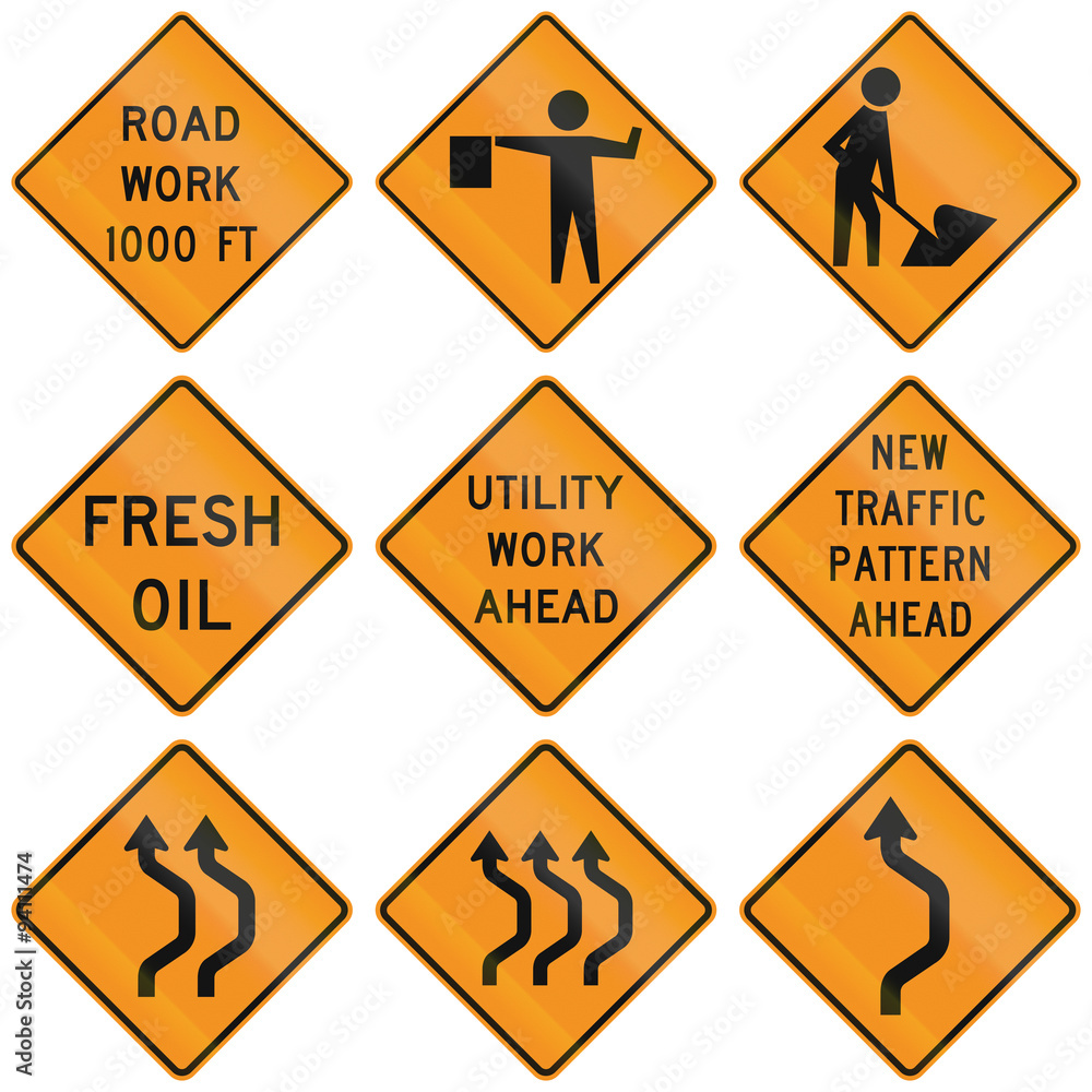 Collection of roadwork warning signs used in the USA Collection of roadwork warning signs used in the USA