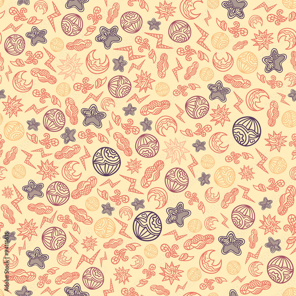 Seamless background with stylized elements of the weather. Weather background. Hand drawn ornaments. Doodles. Seamless background with stylized elements of the weather. Weather background. Hand drawn ornaments. Doodles.