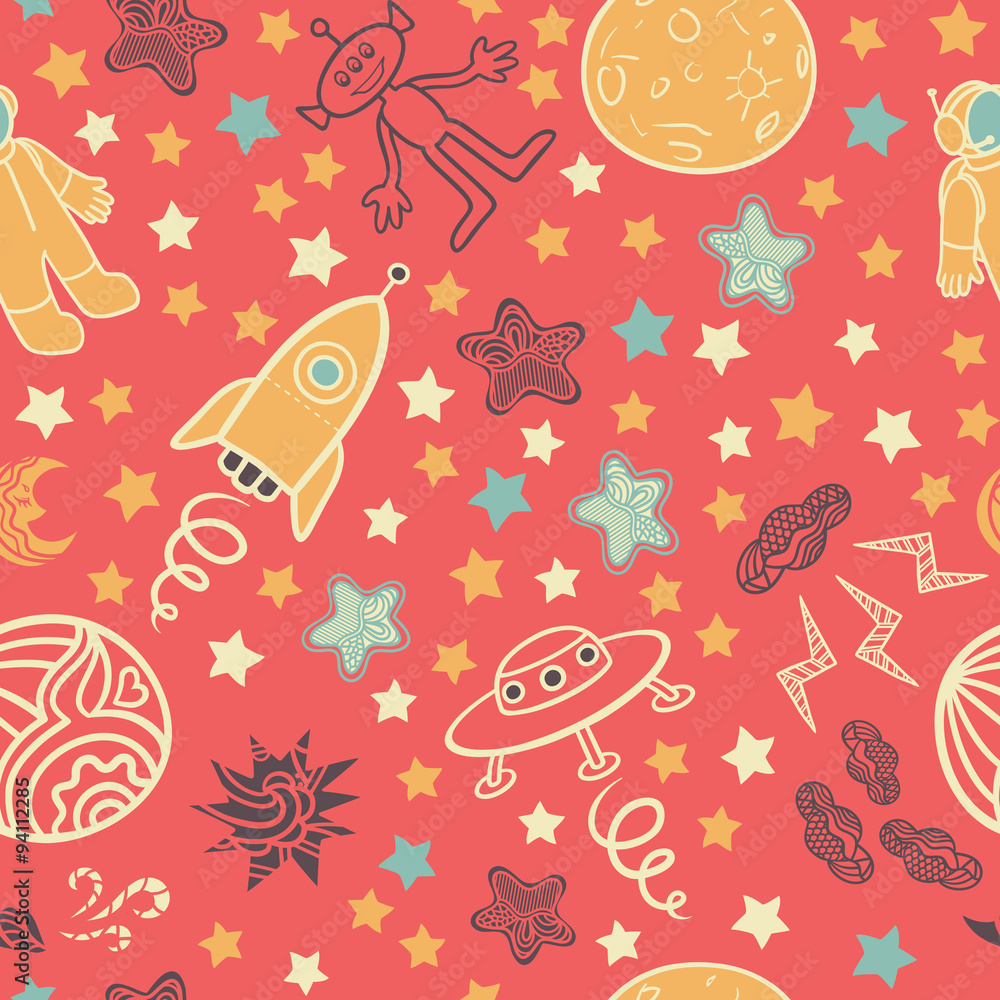 Spaceships, stars, clouds and planets on space background. Space seamless texture. Hand drawn ornaments. Doodles. Spaceships, stars, clouds and planets on space background. Space seamless texture. Hand drawn ornaments. Doodles.