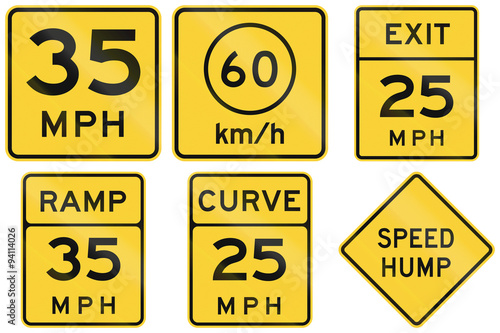 Collection of advisory speed signs used in the USA photo