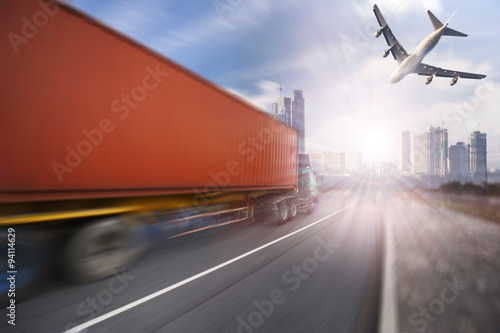 container truck , freight cargo plane in transport and import-export commercial logistic ,shipping business industry