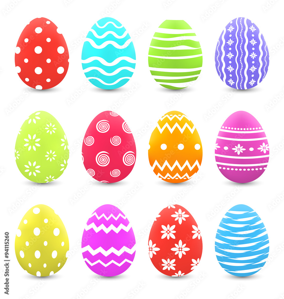 Easter set colorful ornate eggs with shadows isolated on white b
