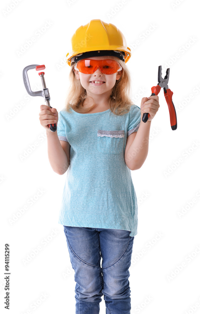 Little girl with tools isolated on white Little girl with tools isolated on white