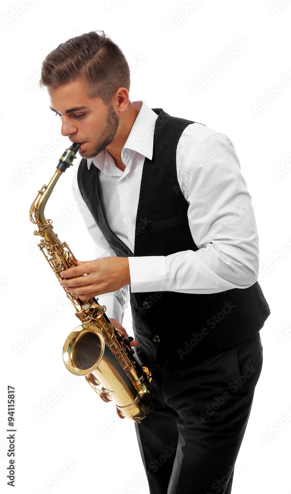 Fototapeta premium Happy saxophonist plays music on sax in elegant suit on white background