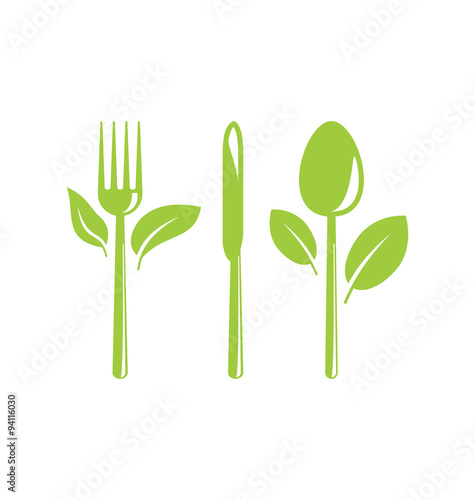  Healthy Food Icon with Cutlery and Leaves
