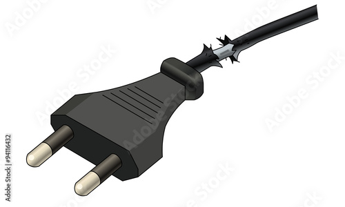 Damaged power cable and plug. Commonly used in Europe, South America & Asia
