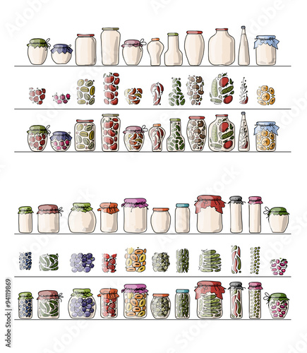 Set of pickle jars with fruits and vegetables