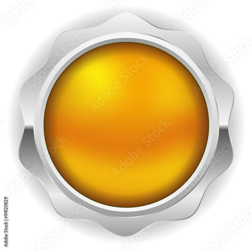 Round yellow button with metal border on white background 