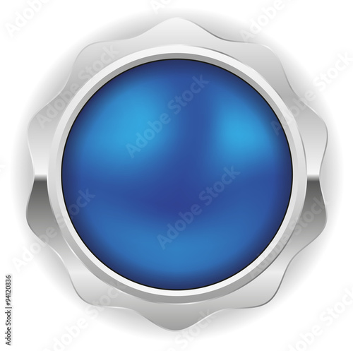 Round blue button with metal border on white background 