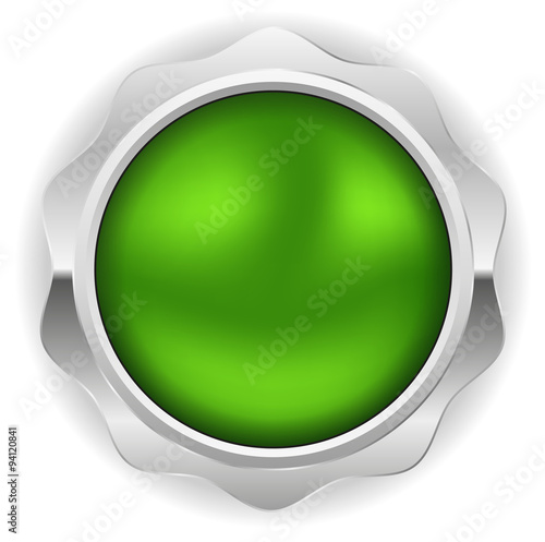 Round green button with metal border on white background 