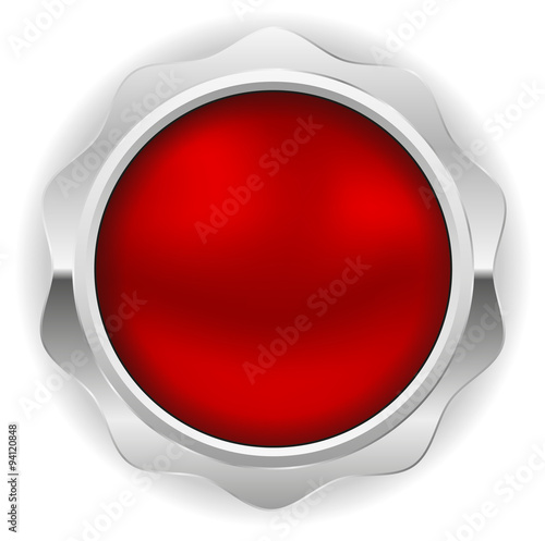 Round red button with metal border on white background 