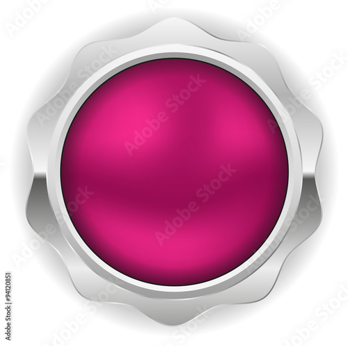 Round purple button with metal border on white background 