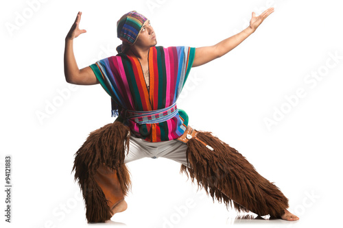 ecuadorian dancer dressed up in traditional costume from the rise llama or antelope trousers studio shot isolated on white colour makeup white weave ritual ecuador venezuela traditional face latin is