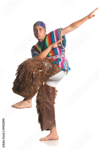 ecuadorian dancer dressed up in popular wear from the rise llama or alpaca drawers studio shot isolated on white colour jump makeup white tissue ritual ecuador venezuela traditional face latin gymnas photo