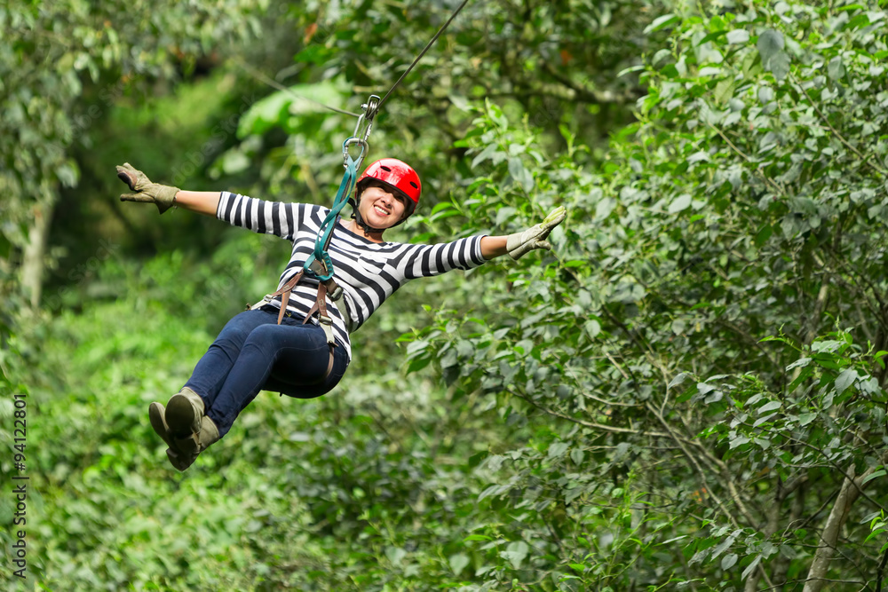 zip line zipline tree rainforest activity woman ecuador holiday