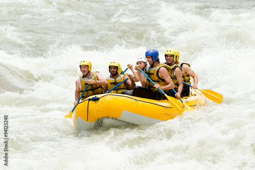 A thrilling whitewater rafting adventure with a team of determined rowers conquering the wild rapids, creating an exhilarating and fun-filled action scene.
