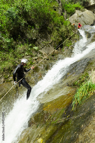 A thrilling canyoning adventure in Baños, Ecuador with rappelling down steep cliffs, navigating through canyons and feeling the rush of adrenaline.