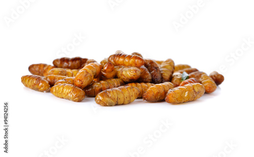 pile of fried silkworm on white background