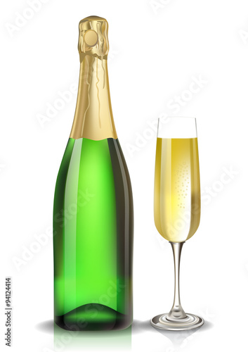 Vector champagne bottle and glass. Created with gradient meshes.