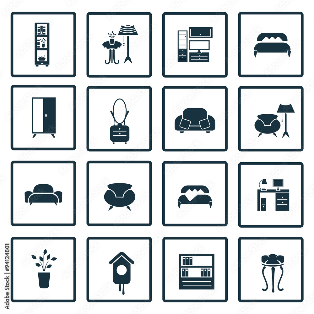 Set of sixteen interiors icons Set of sixteen interiors icons