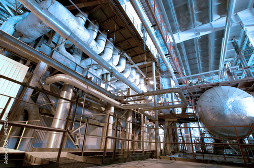 Industrial zone, Steel pipelines and cables in blue tones