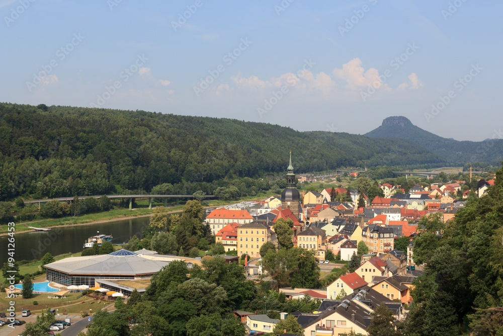 Cityscape of Bad Schandau with river Elbe and mountain Lilienstein in Saxon Switzerland