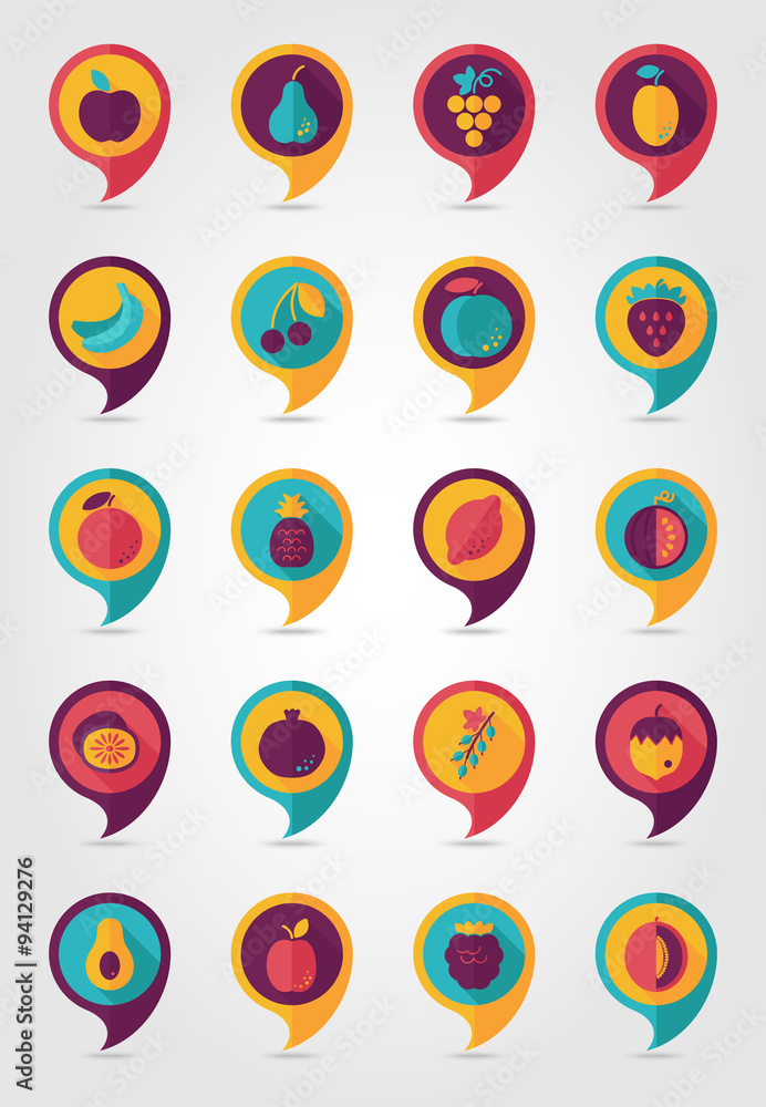 Fruits mapping pins icons Fruits mapping pins icons