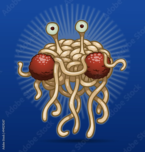 Vector flying spaghetti monster. Color image of a flying funny monster made ​​of spaghetti and meatballs on a blue background.