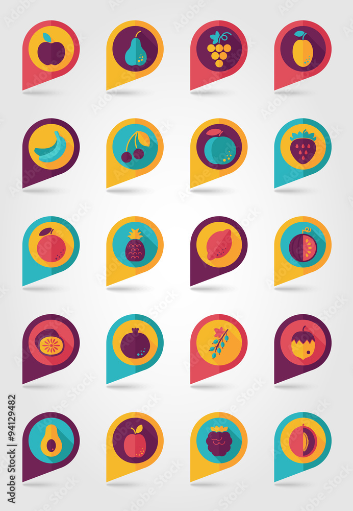 Fruits mapping pins icons Fruits mapping pins icons