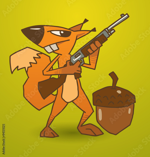 Vector crazy squirrel guards the nut with a gun. Image of a crazy squirrel orange color that guards the nut with a gun on a yellow-green background.