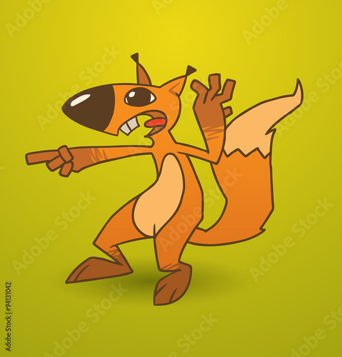 Vector crazy squirrel indicates somewhere. Image of a crazy squirrel orange color that indicates somewhere on a yellow-green background.