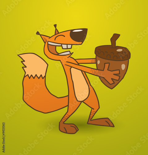 Vector crazy squirrel with a nut. Image of a crazy squirrel orange color that holds in its paws nut on a yellow-green background.