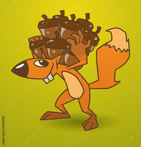 Vector crazy squirrel with lots of nuts. Image of a crazy squirrel orange color that carries a lot of nuts on a yellow-green background.