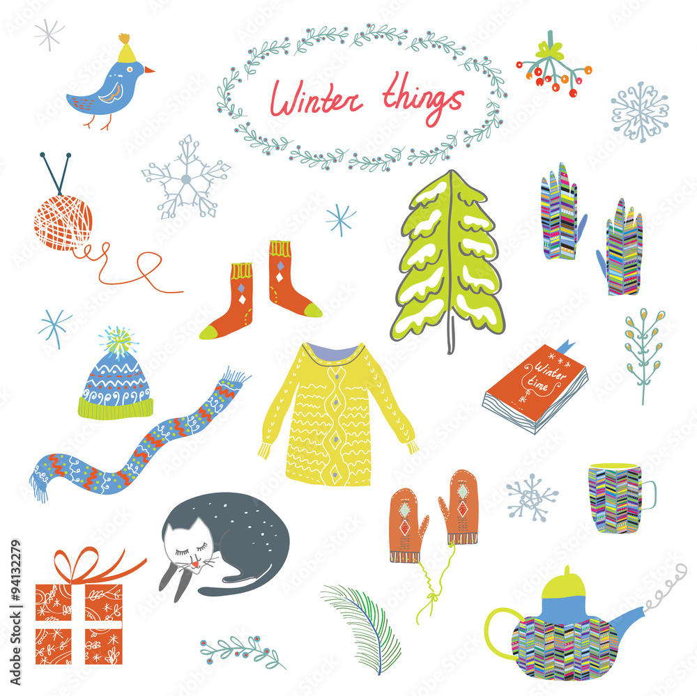 Winter and Christmas symbols set - funny design Winter and Christmas symbols set - funny design