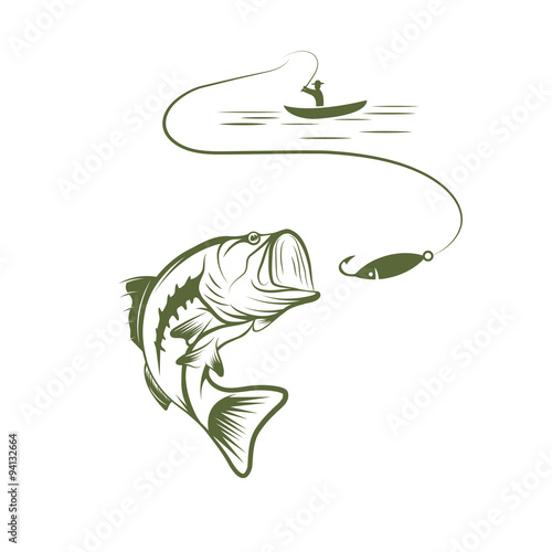 illustration of fisherman in a boat and big mouth bass