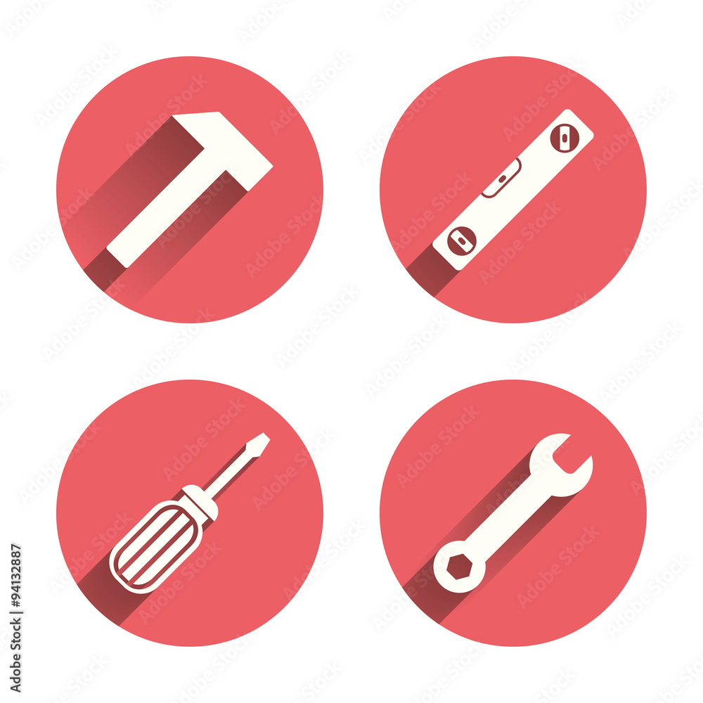Screwdriver and bubble level, hammer. Screwdriver and bubble level, hammer.