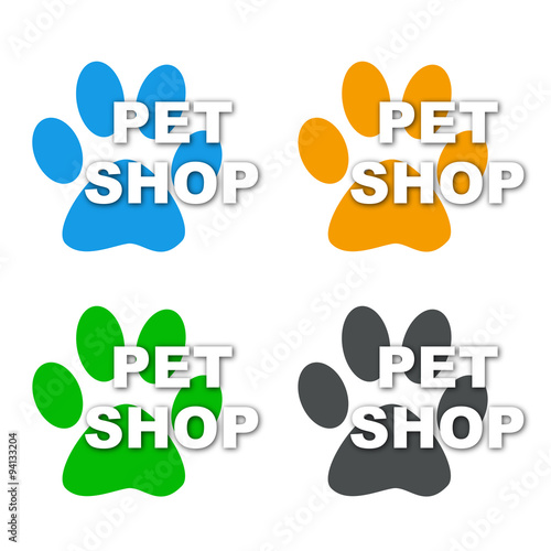 Icono plano texto PET SHOP con sombra en huellas de gatos