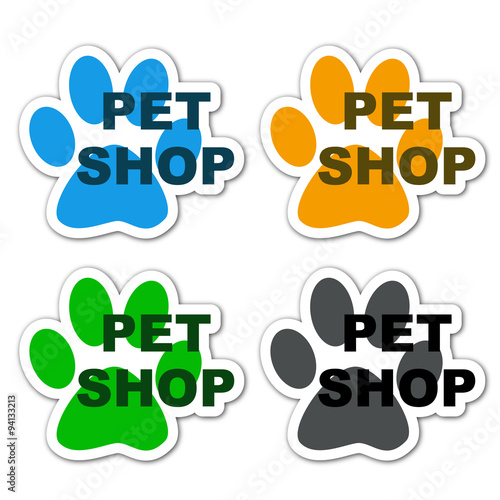 Icono plano texto PET SHOP en huellas de gatos con sombra