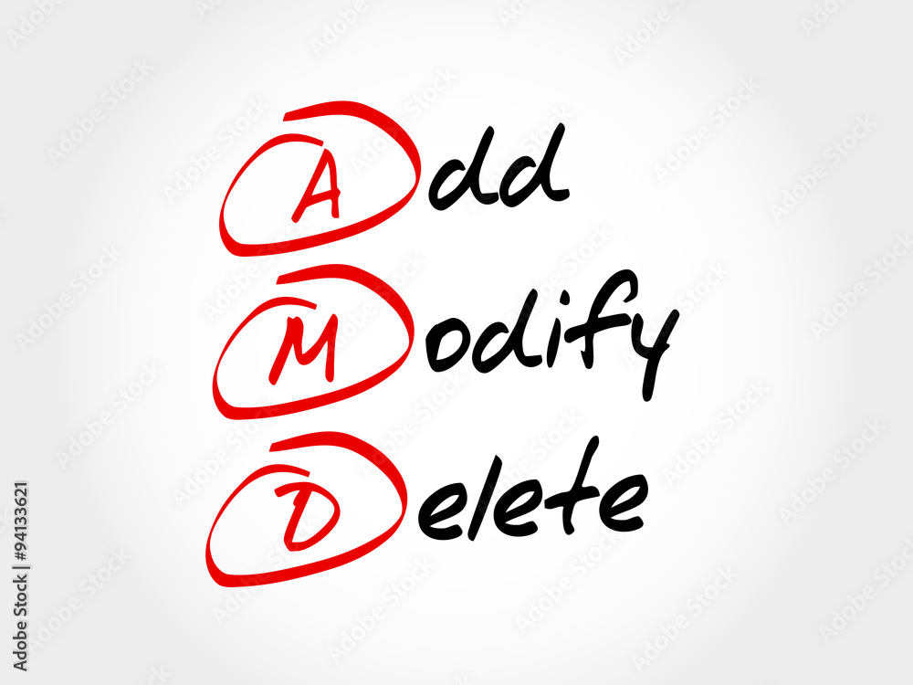 AMD - Add, Modify, Delete, acronym business concept AMD - Add, Modify, Delete, acronym business concept
