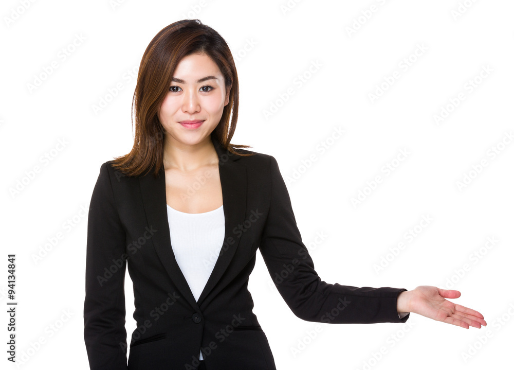 Asian Young Businesswoman with open hand palm Asian Young Businesswoman with open hand palm