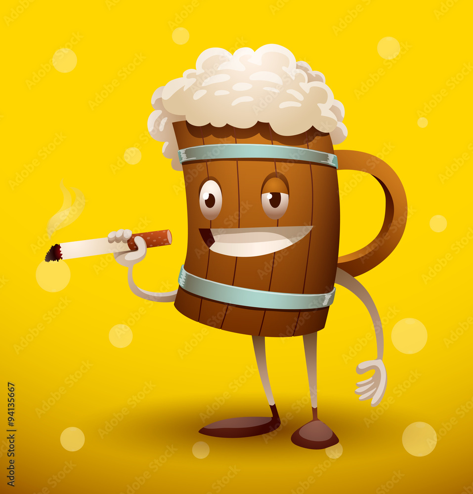 Vector mug of beer with a cigarette. Image of a funny cartoon wooden mugs  of beer with a cigarette in hand on a yellow beer background. Stock Vector  | Adobe Stock