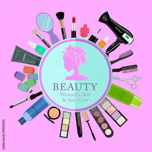 Set of professional cosmetics, various beauty tools and products: hairdryer, mirror, make-up brushes, shadows, lipstick, nail polishes, creams, powder, scissors, combs, etc. Flat vector illustration