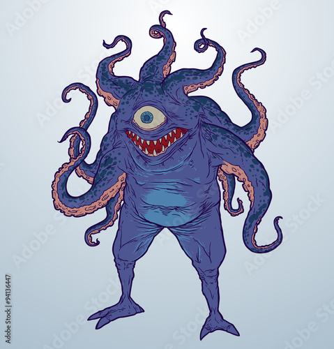 Vector purple scary monster. Image of purple scary monster with tentacles and with one eye on a light blue background.