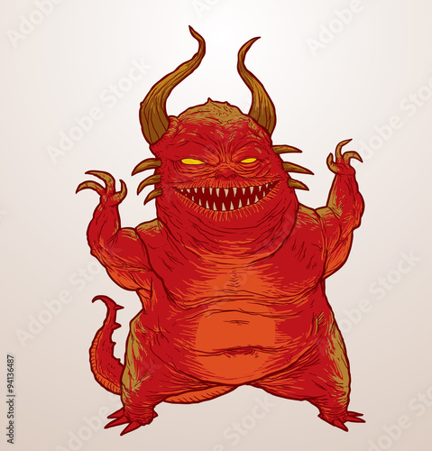 Vector red scary monster. Image of red scary monster with two horns on a light pink background.
