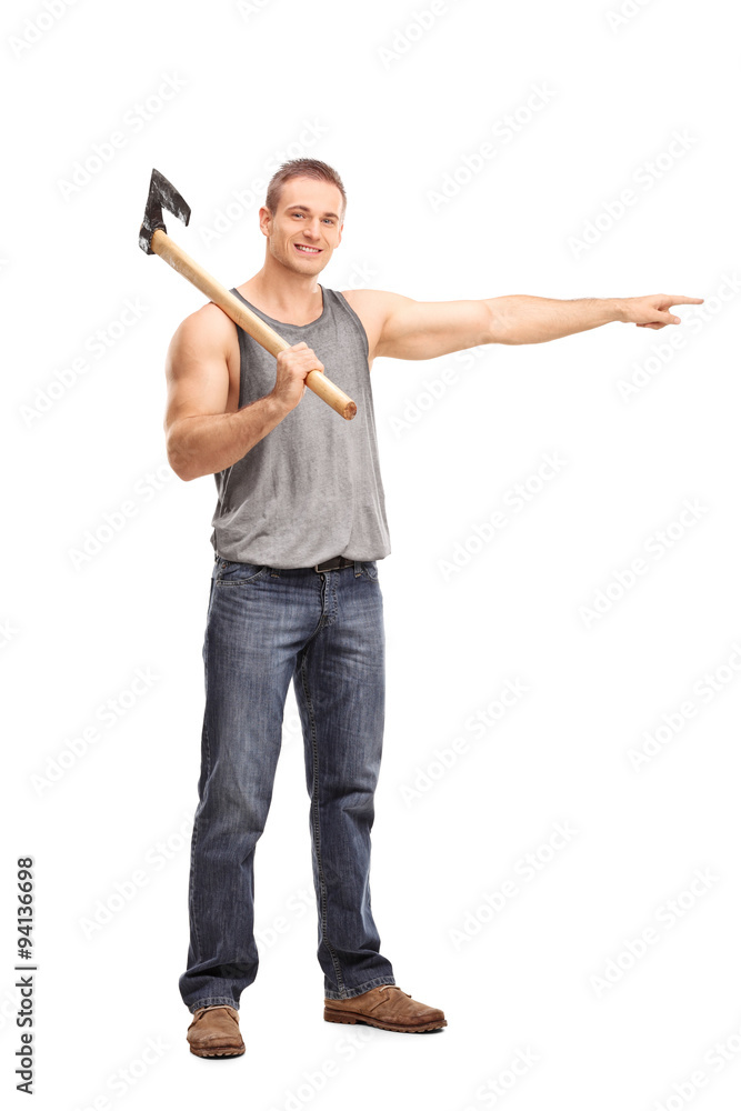 Man carrying an axe and pointing with his hand Man carrying an axe and pointing with his hand