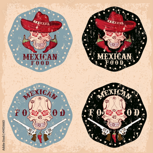 vector grunge skull in a Mexican sombrero with chili peppers,flo