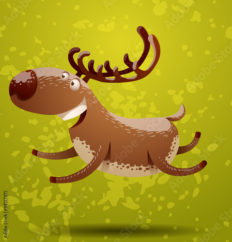 Vector funny deer prancing somewhere. Image of a funny cartoon deer brown color with horns prancing somewhere on a green background of foliage and grass.